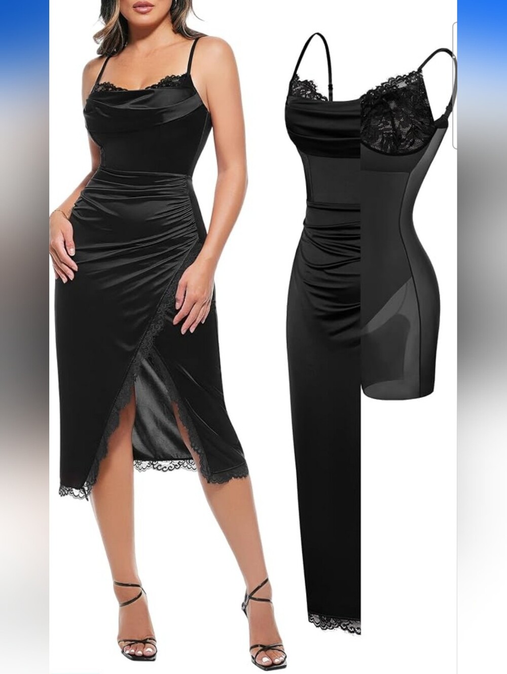 Popilush Women's Black Lace Corset Satin Ruched Cocktail Shapewear Midi Dress S